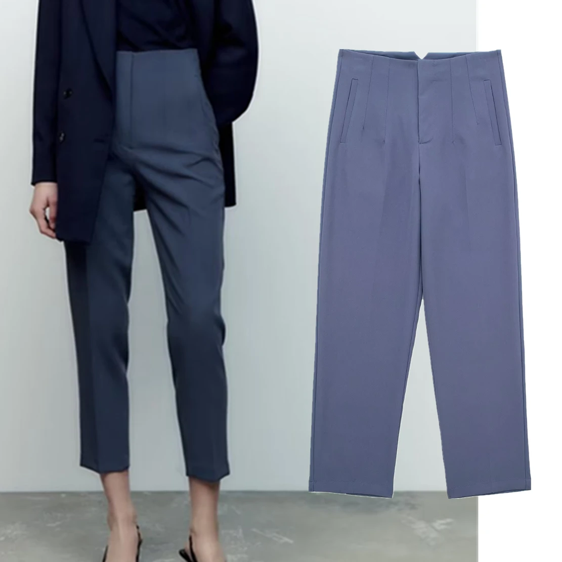 

Maxdutti Fashion Straight Suits Trousers Women Simple Pleated High Wasit Casual Pants