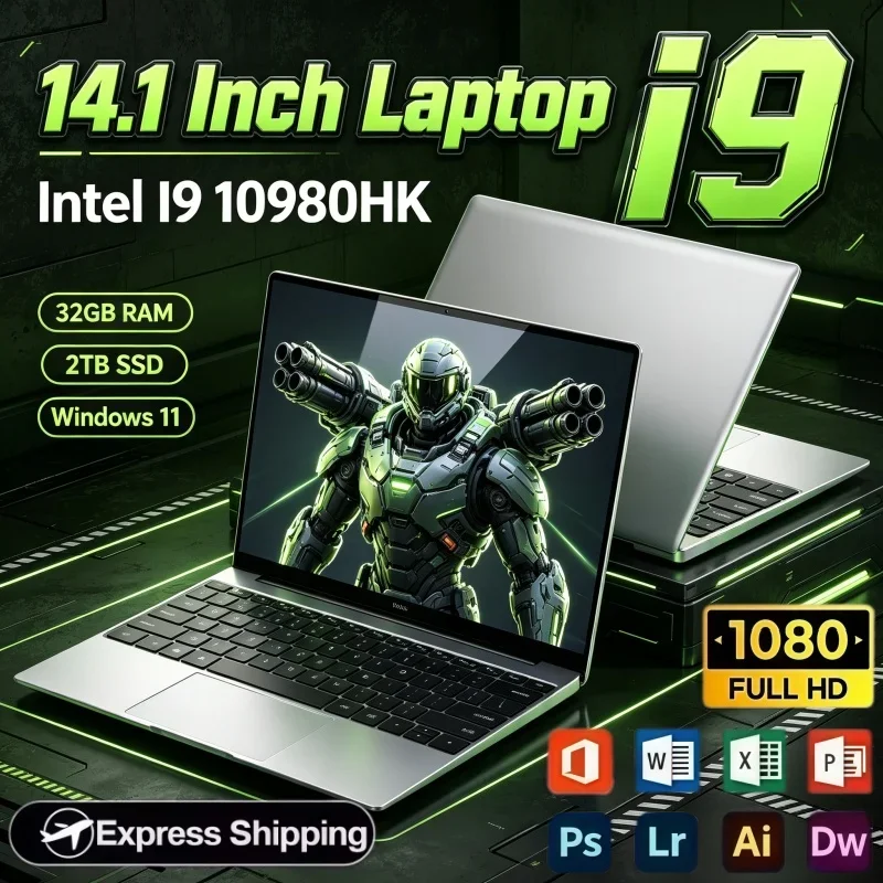 Portable 14.1 Inch Notebook Intel I9 10980HK Windows 11 32GB RAM 2TB SSD Laptop for Business Work Media Playback