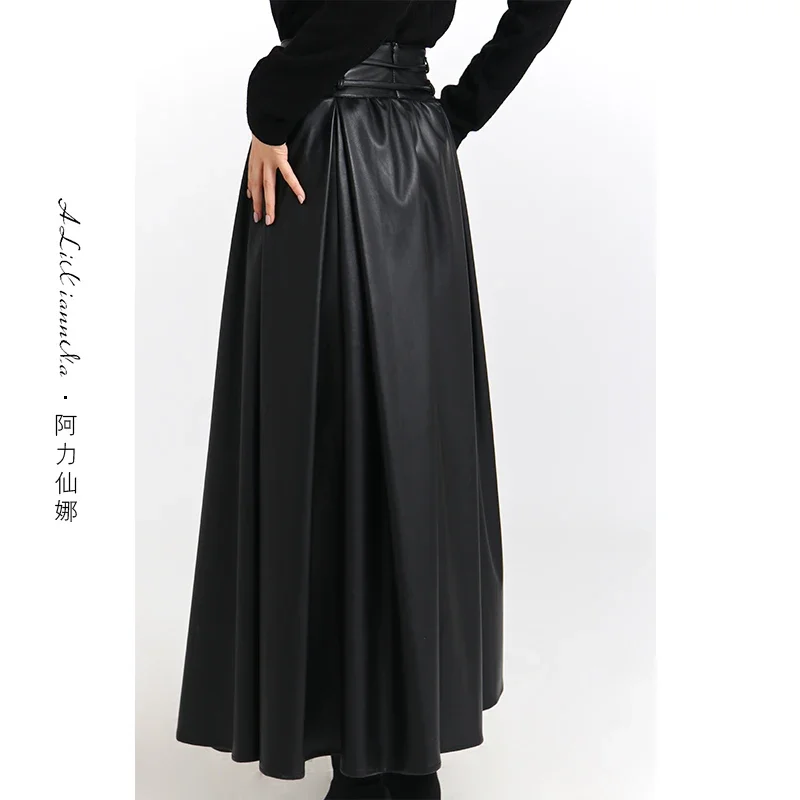 High Quality Women Black Leather Skirts 2023 New Autumn Winter High Waist Ultra Long A-line Skirt Big Swing Faux Leather Skirt