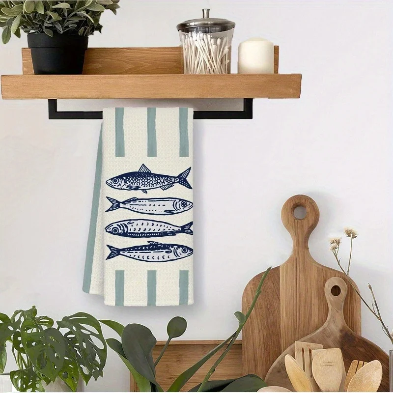 1pc Sardine & Sage Green Stripe Printed Kitchen Towel,Soft Absorbent Hand Towel,Perfect for Bathroom,Kitchen, Seafood Lover Gift