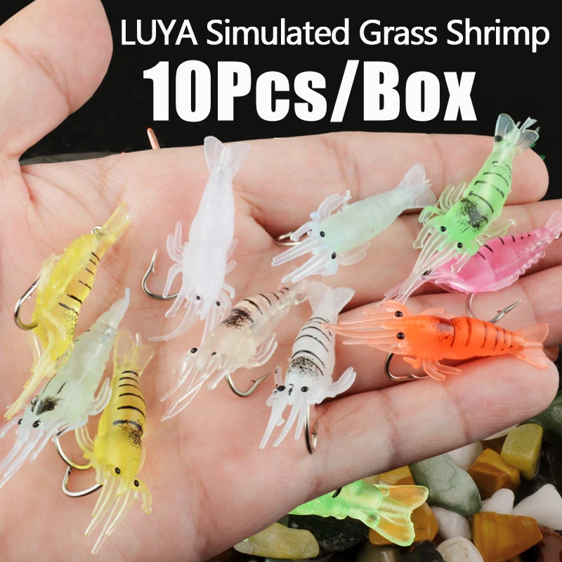 Cebo Artificial de silicona para camarones luminosos, 10 unidades/caja, simulación de gambas suaves con ganchos, aparejos de pesca Wobbler de carpa, accesorios de señuelo