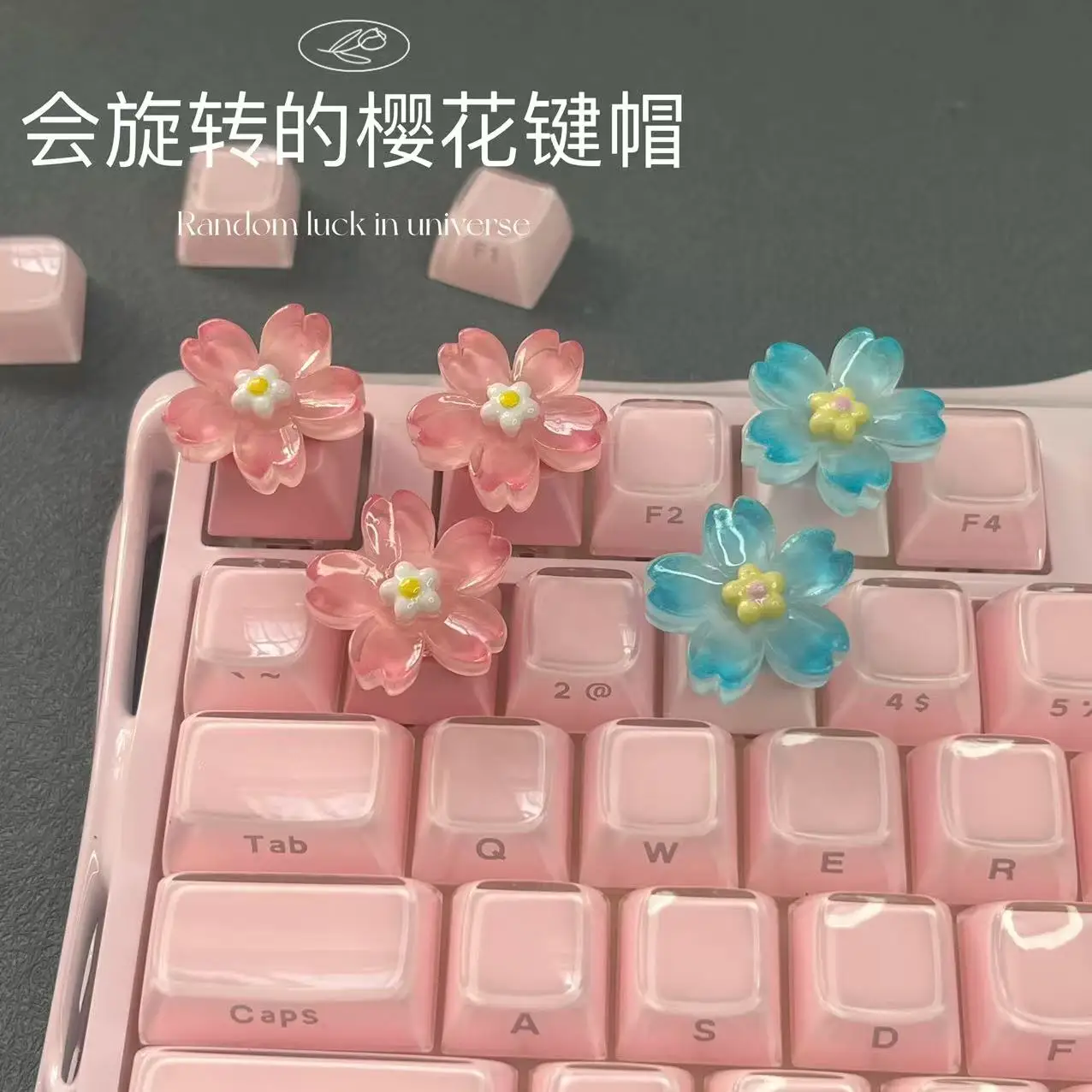 Cute pink flower keycaps rotatable decompression game mechanical keyboard keycaps blue flower mechanical keyboard keycaps