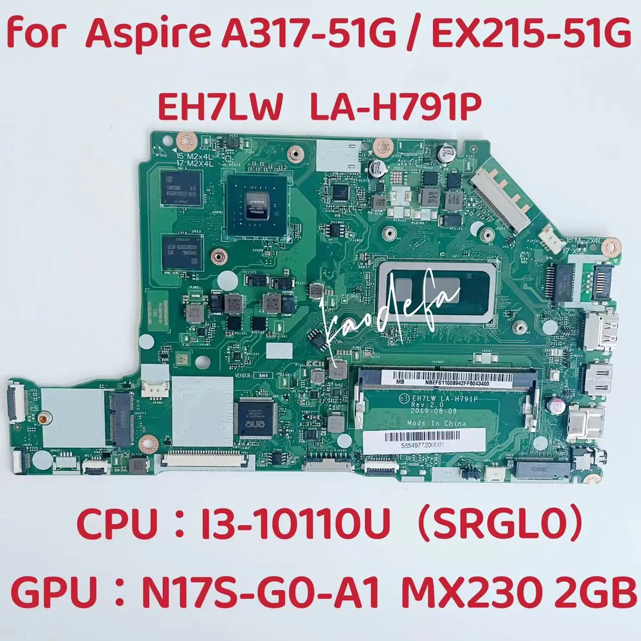 Placa base para portátil Acer Aspire A317-516/EX215-51K, CPU: I3-10110U SRGL0, GPU: N17S-G0-A1, MX230, 2G, EH7LW, prueba OK de LA-H791P