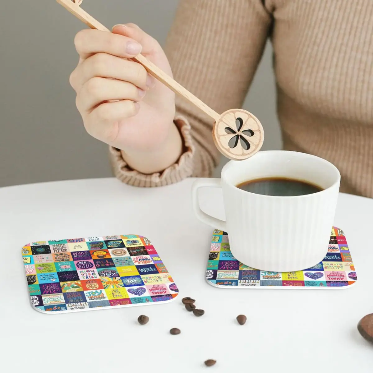 Positivity Patchwork Coasters Kitchen Placemats Non-slip Insulation Cup Coffee Mats For Decor Home Tableware Pads Set of 4