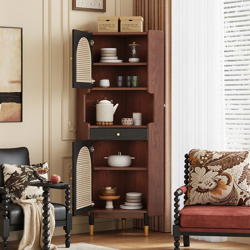 

Retro all solid wood rattan corner cabinet color matching antique rack corner triangle cabinet corner locker