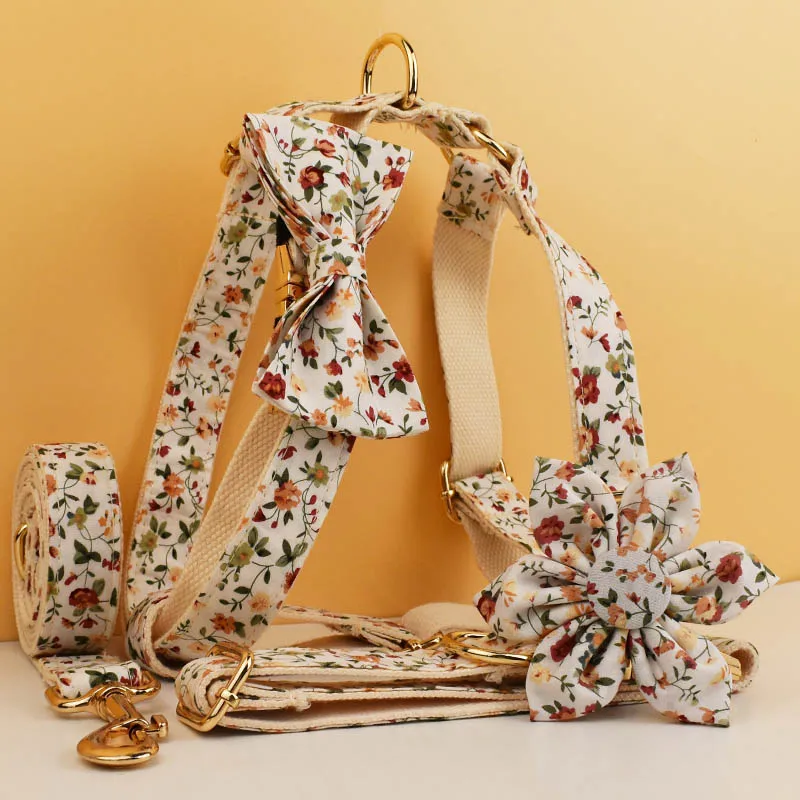 Personalized Dog Collar Harness Leash Set Custom Dog Collars Luxury Flower Soft Cotton Dog Collar Leashes Harness Bow flower04