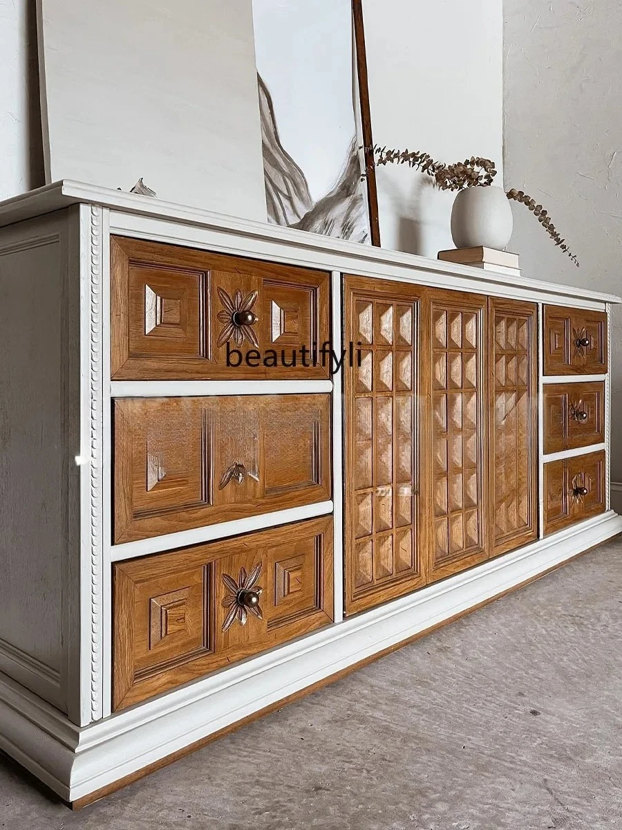 

French Retro Country Wood Carved TV Cabinet Locker Small Apartment Mid-Ancient Dining Side Multifunctional Cabinet