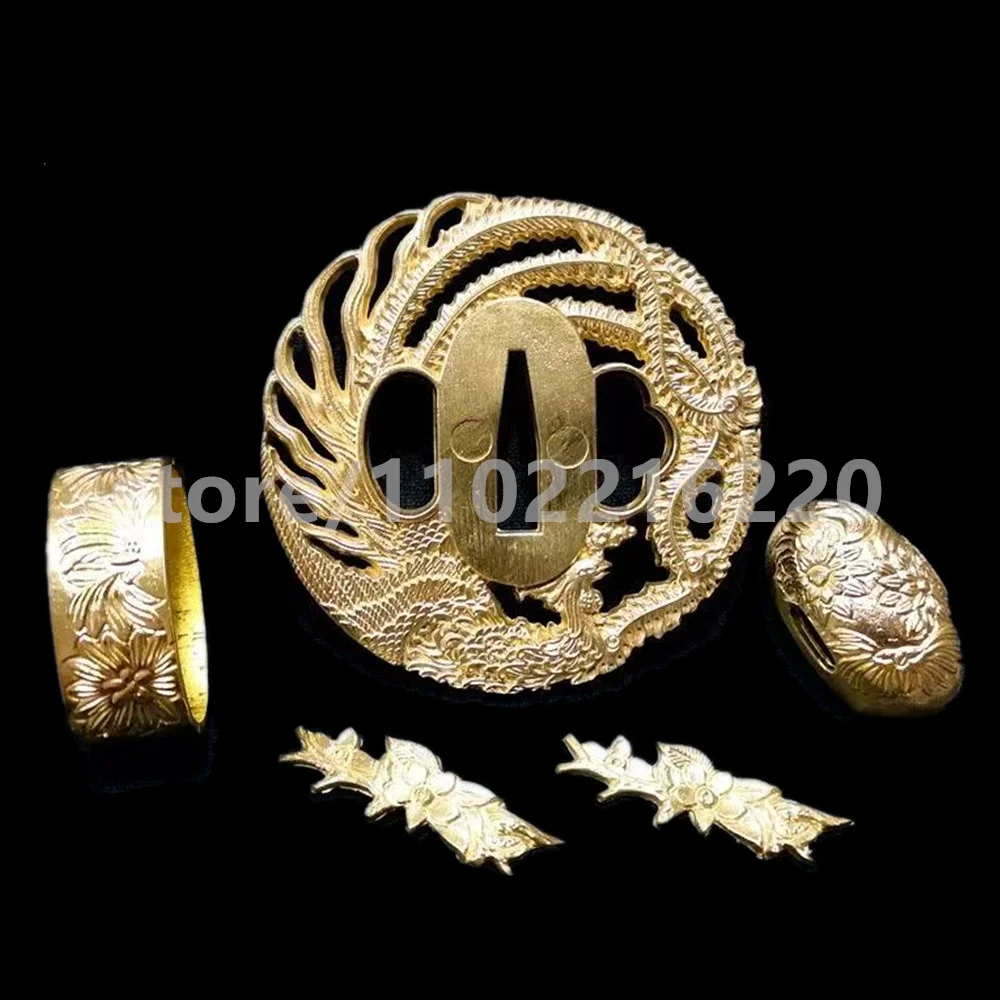 

Beautiful Copper Brass Phoenix Tsuba Handguard Copper Fuchi Kashira Menuki For Real Japanese Japan Samurai Katana Sword Fittings