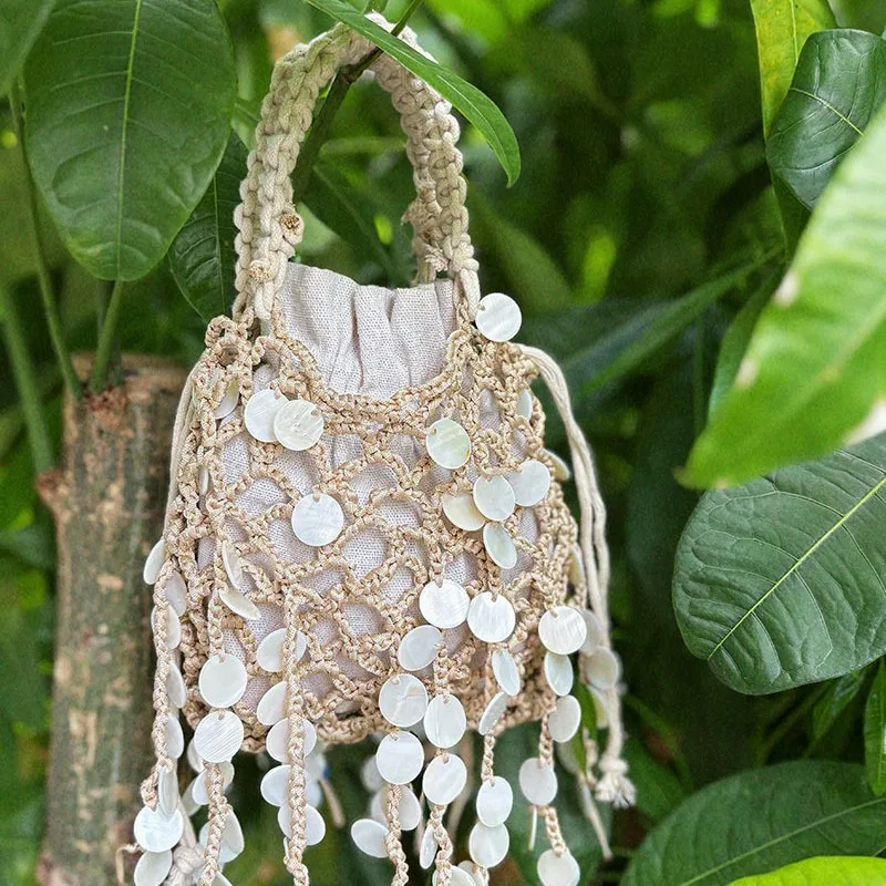 

Handmade Hollow Out Woven Rope Knitting Handbag Shell Fishing Net Weaving Tassel Tote Bag Travel Vacation Lady Summer Beach Bag