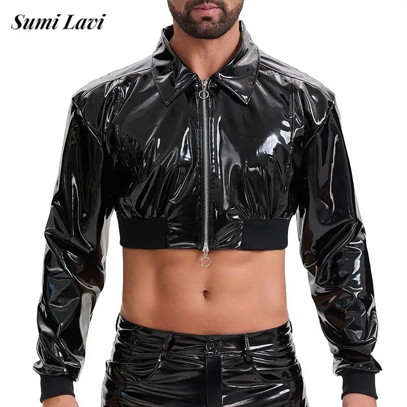 Nightclub Mens Sexy PU Leather Jacket 2026 Autumn Outdoor Fashion Long Sleeve Slim Cardigan Men Trendy Zip-up Lapel Crop Jackets