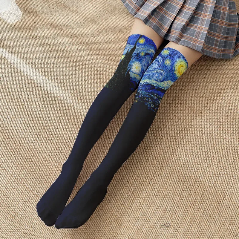 

Van Gogh Oil Painting Long Stockings Sunflower Mona Lisa Thigh High Socks For Women Over Knee Cute The Starry Night Thin Legwear