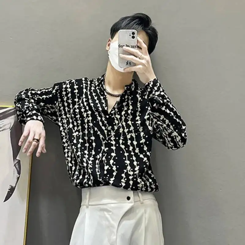 

WVGA Spring Autumn New Man Tide High Street Printed Trendy Long Sleeve Shirts Stand Collar Niche Chic Casual Shirt Ins Y2K W8830