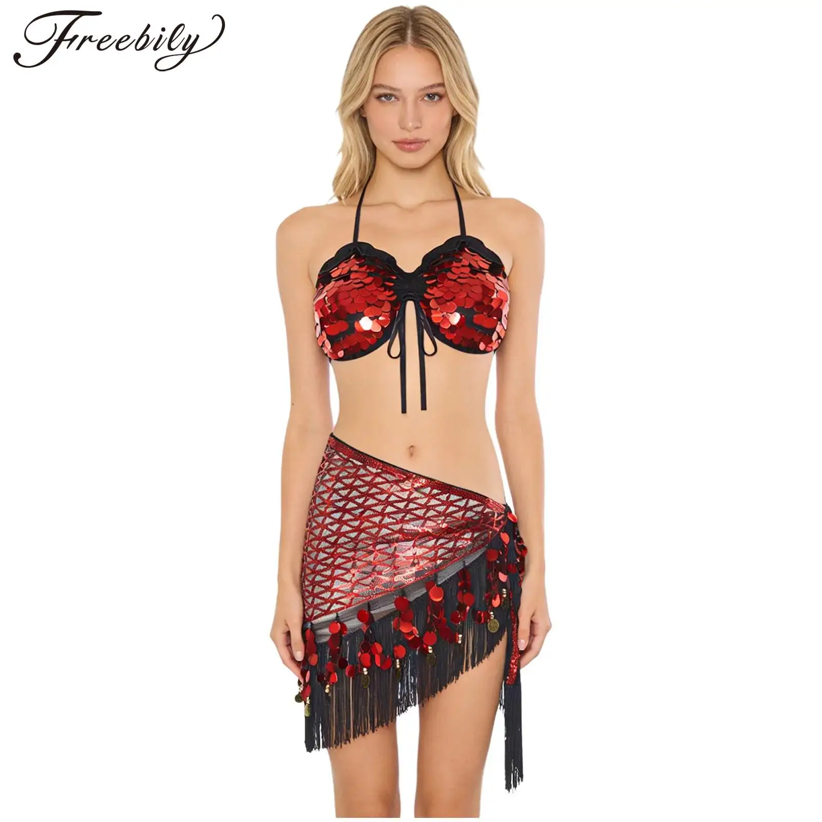 

Женские топы с лямкой на шее и блестками, костюм для латинского танца живота, чача, сальса, танго, танцевальная одежда для танца живота, карнавальный музыкальный фестиваль, рейв-наряды