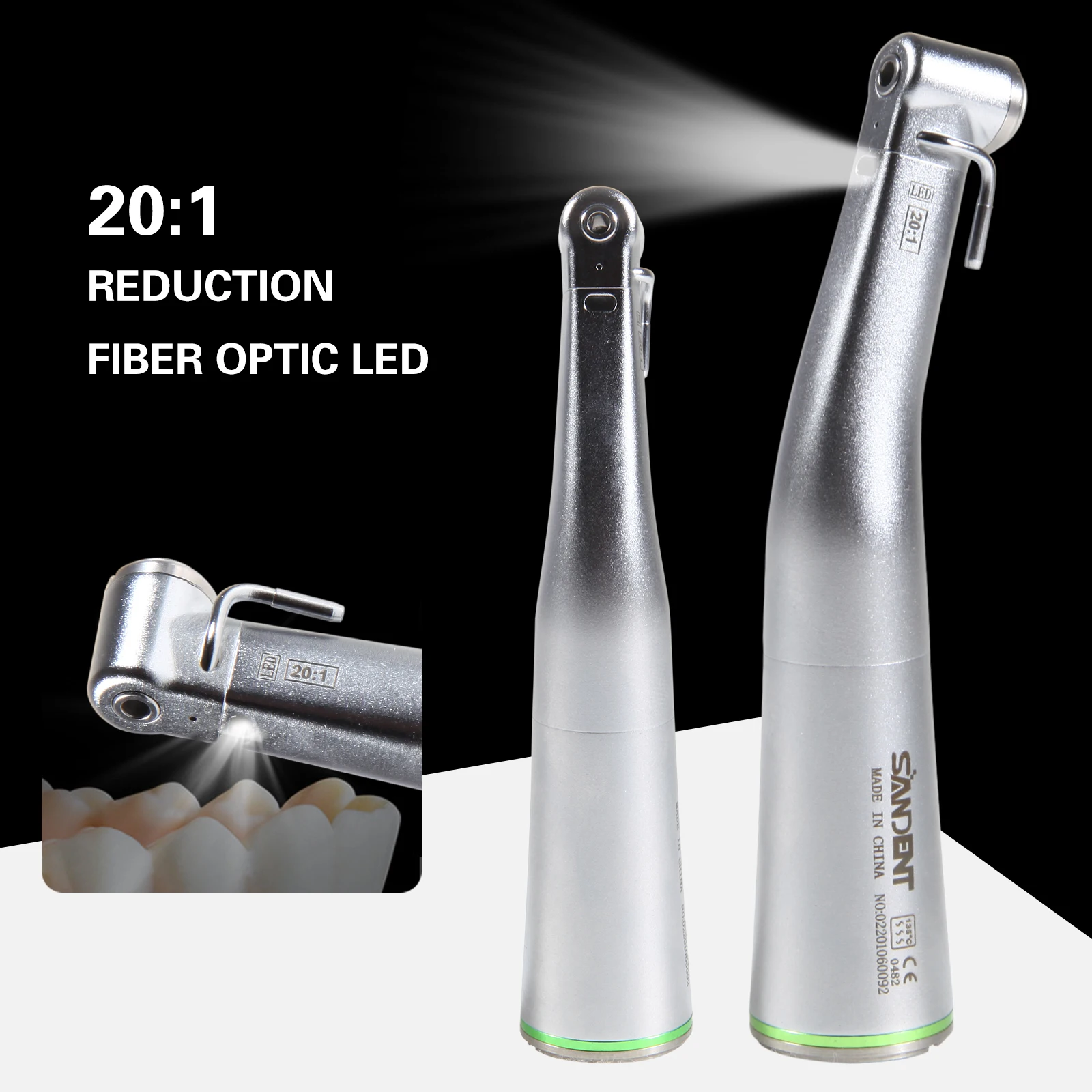 Dental 20:1 Gear Ratio Reduction Fiber Optic Implant Low Speed Handpiece Push Button Contra Angle fit E-type Motors