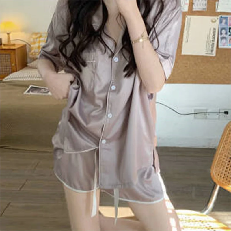 Pajamas Summer Women Simple Casual Pure Desire Style Purple Ice Silk Short Sleeved Shorts Two-piece Set Suitable Outdoor Wear