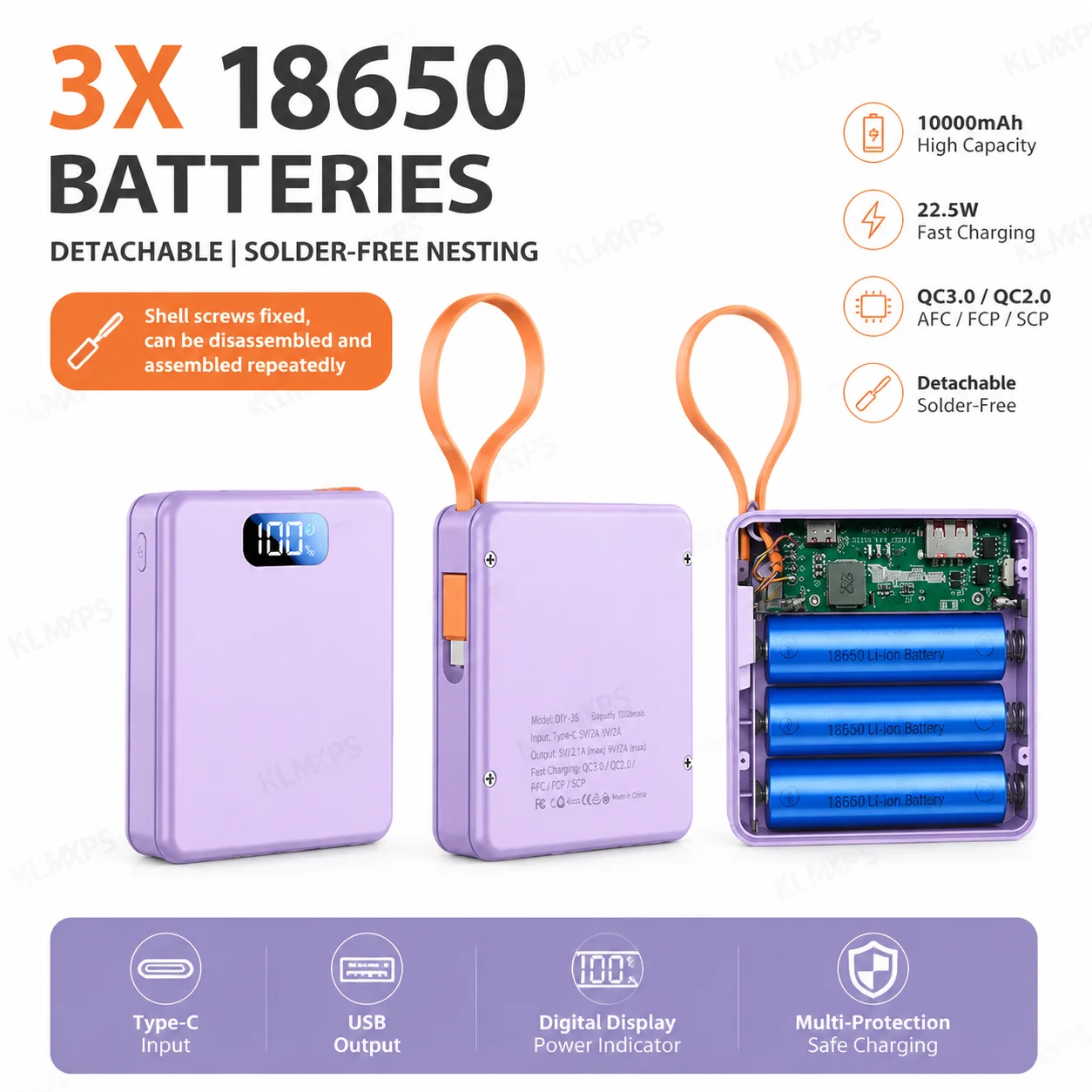 Mini Solderless 3 Slots 18650 DIY Power Bank Shell Fast Charging Portable Battery Power Supply Charger Box With USB Cable