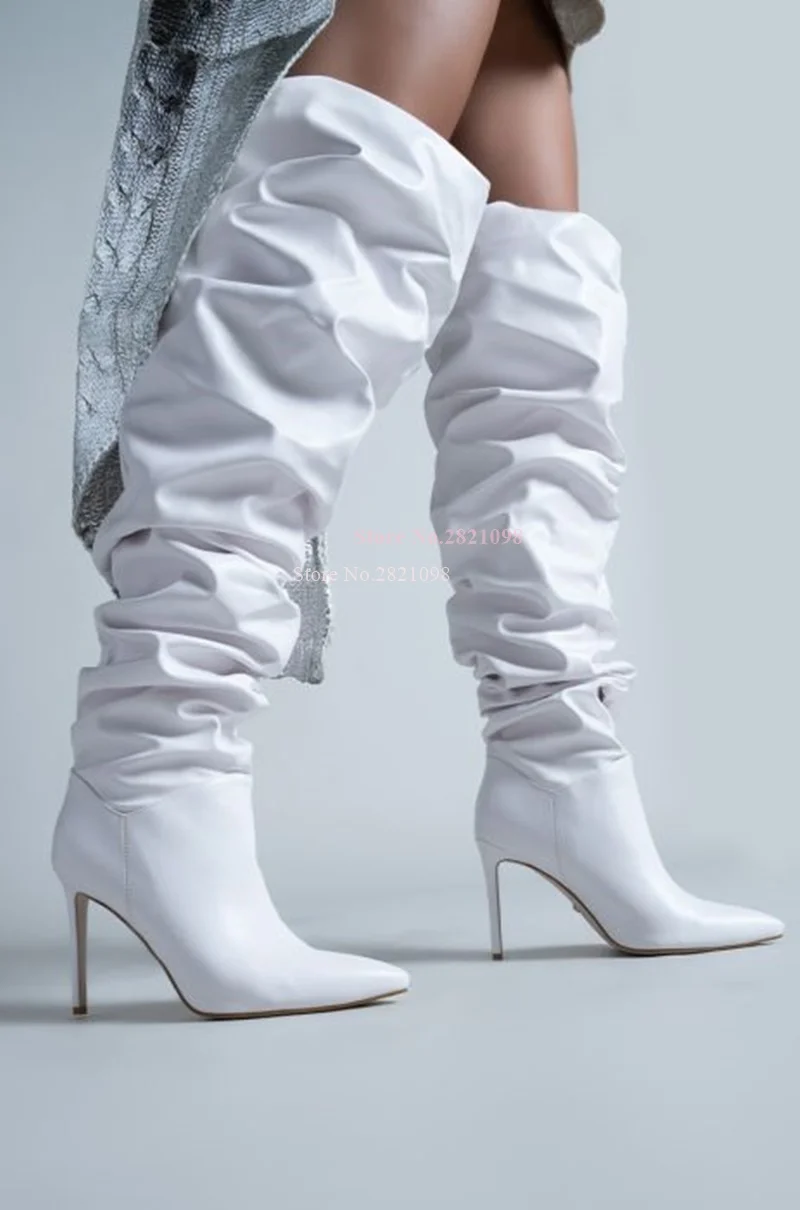 Ruched Thigh High Boot In White Lather Women Pointy Toe Silhouette Slightly Covered Thin High Heel Oever The Knee Wide Bootie