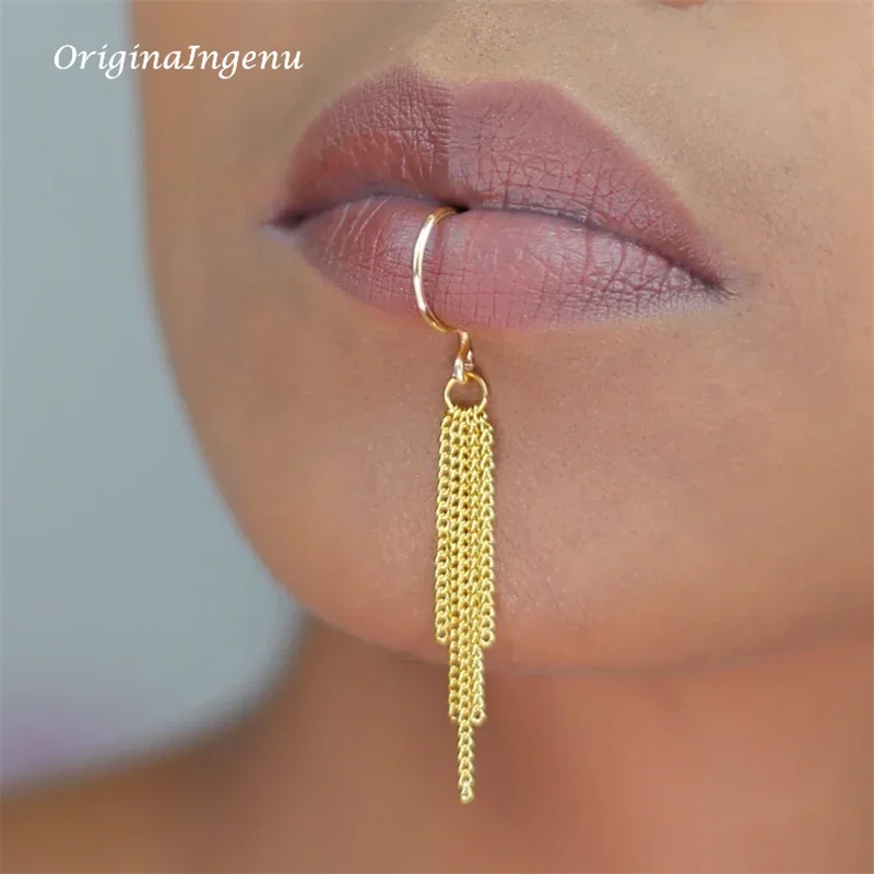 14K Gold Filled Chain Lip cuff Tarnish Resistant Handmade Lip Ring No Piercing Jewelry  Body Jewelry Waterproof Fake Lip Ring