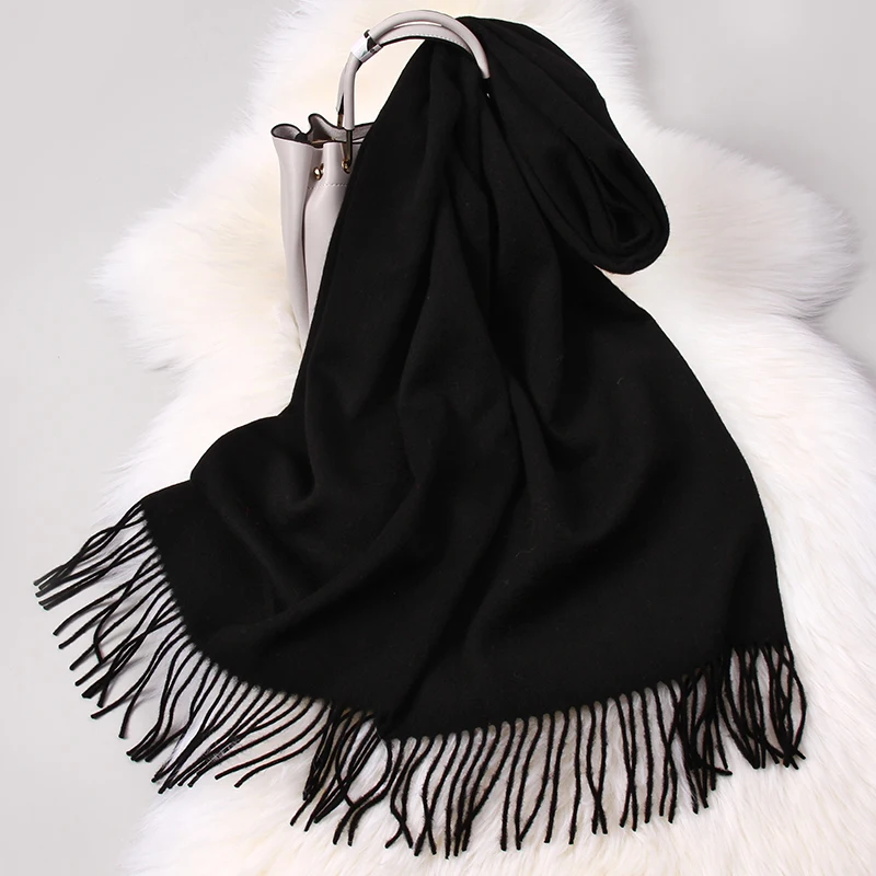 100% Wool Scarf For Women Solid Shawls Wraps For Ladies Long Warm Pashmina Scarf Tassel Cashmere Scarves Winter Foulard Femme