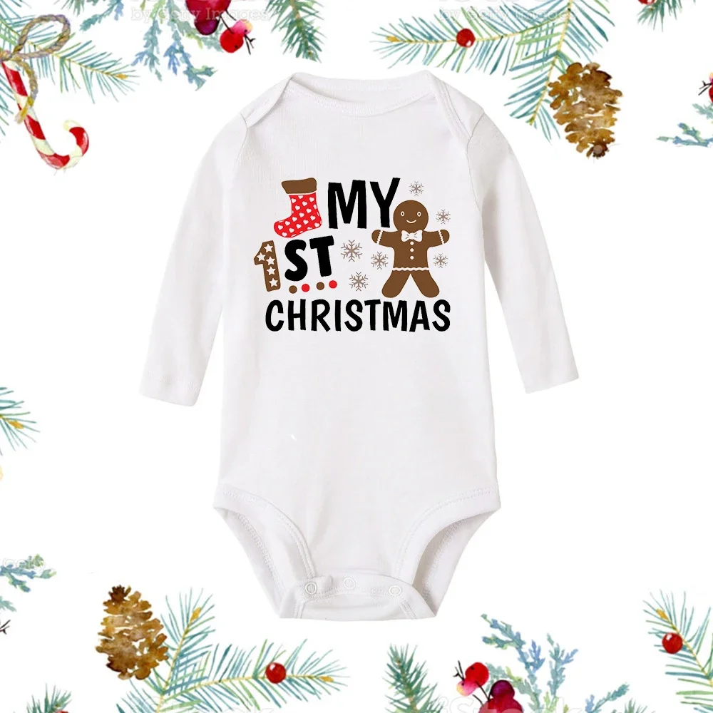 Mijn Eerste Kerst Pasgeboren Baby Witte Lange Mouw Romper Cartoon Sneeuwman Print Outfit Kinderdoop Bodysuit Kleding Xmas Gift