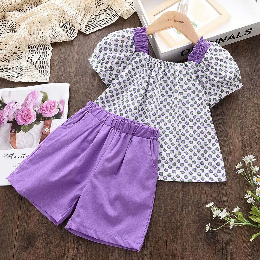Summer Promotion Flower Print Bubble Sleeve Top+shorts Two-piece Set for Girls' Casual Set for Children Aged 3-4