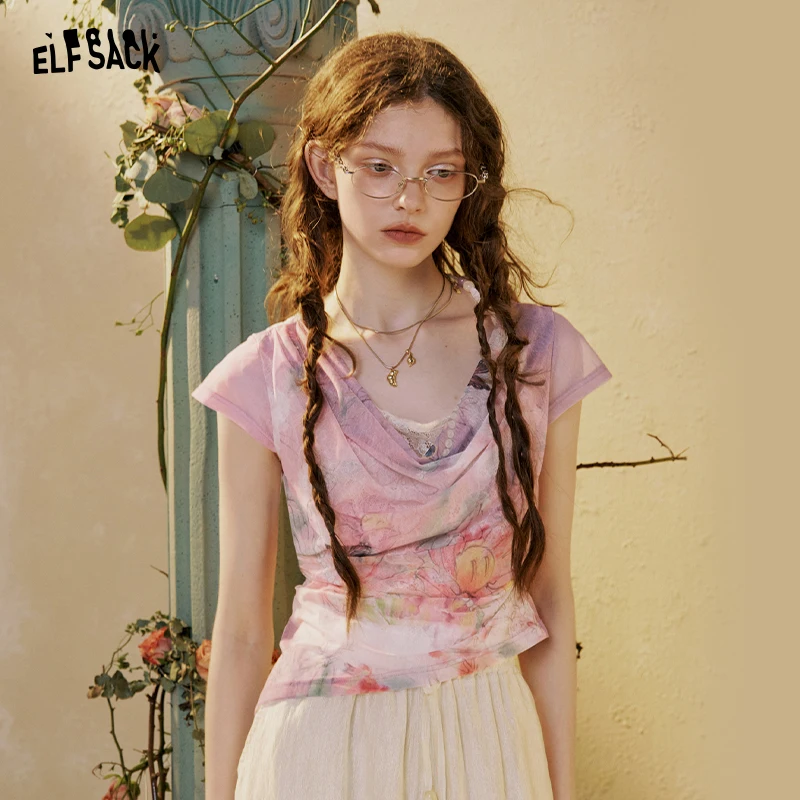 ELFSACK Women's Slim Cap Sleeve T-Shirt with Gradient Floral Butterfly Print, Elegant Square Neck Fitted Mesh Tee for Summer