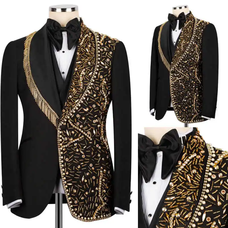 

﻿ Блестящий свадебный смокинг для жениха, 2 предмета: пиджак и брюки, однобортный, с кисточками, кристаллами и жемчугом, для выпускного вечера и банкетов, на заказ