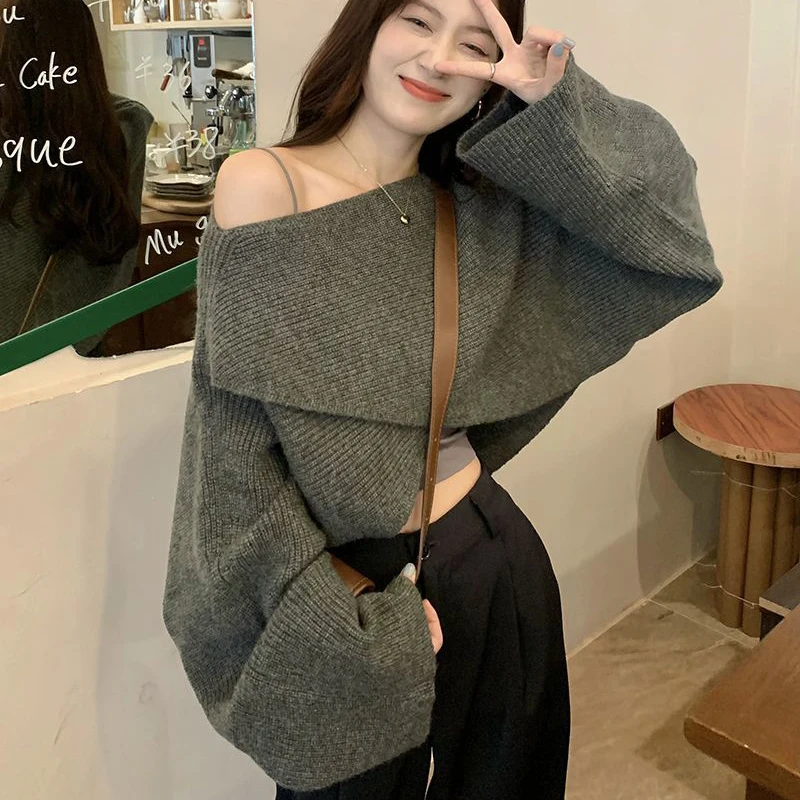 Sexy Criss-Cross Pullover Sweaters Women 2023 Autumn Hot Girl Short Off Shoulder Jumpers Female Korean Raglan Sleeve Knitted Top