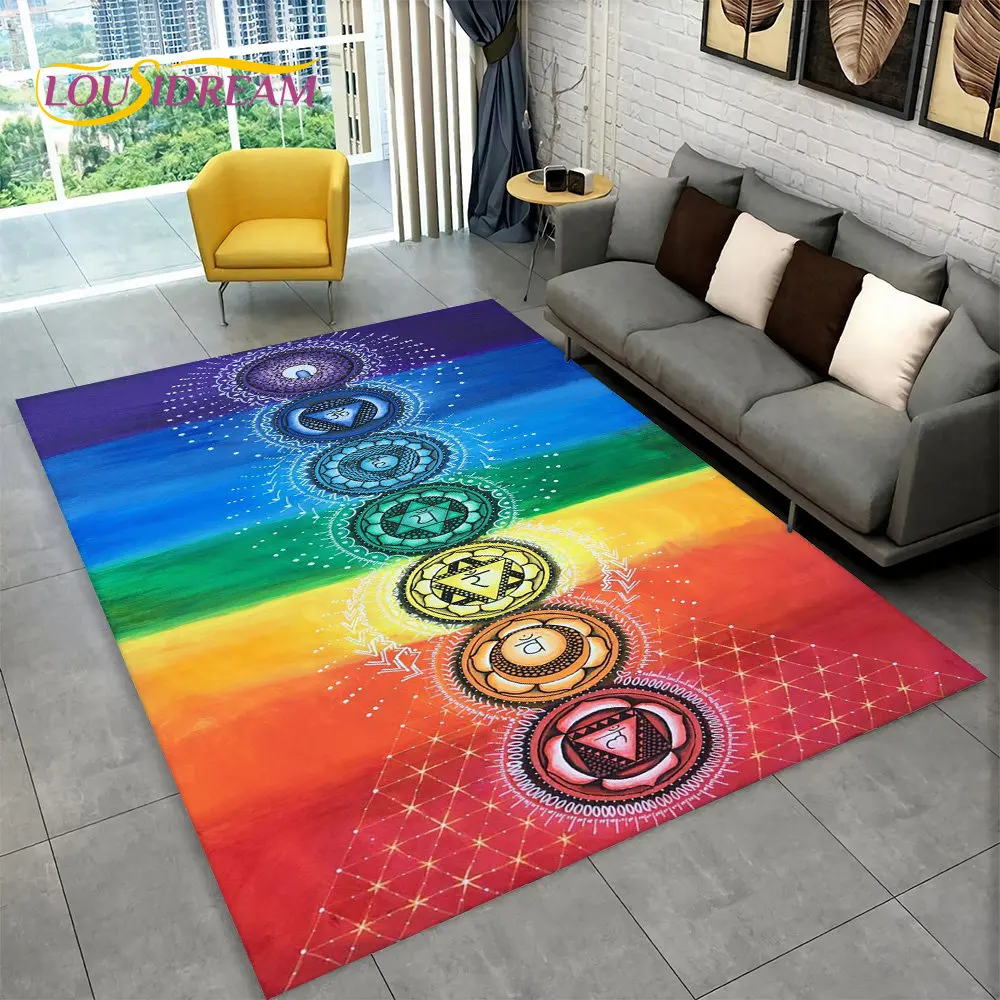 Rainbow 7 Chakra Mandala Bohemia Area Rug,Carpet Rug for Living Room Bedroom Sofa Doormat Decor,Yoga Soft Non-slip Floor Mat