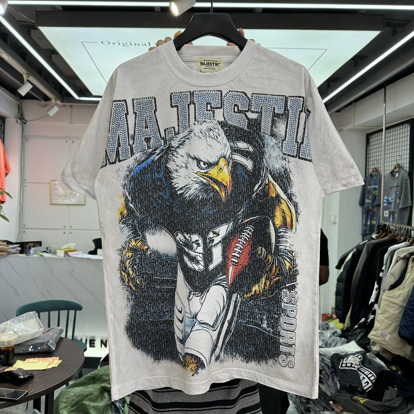 Retro American Street Style T-Shirt with Burst Pattern Eagle Print Rhinestone Letters Loose Fit Short Sleeve Cotton Top