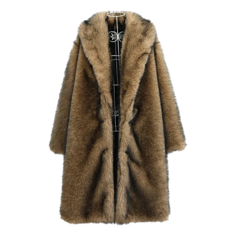 معطف نسائي بني شتوي من الفرو الصناعي مقاس كبير موضة معطف فضفاض وطية صدر السترة منفوش وسميك معطف دافئ 2025 ملابس خارجية نسائية عالية الشارع