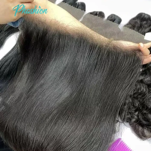 Imagen 1 del producto Phashion Peluca de cabello humano liso con encaje Frontal 13x4, pelo liso con ondas profundas de agua, cierre de oreja a oreja