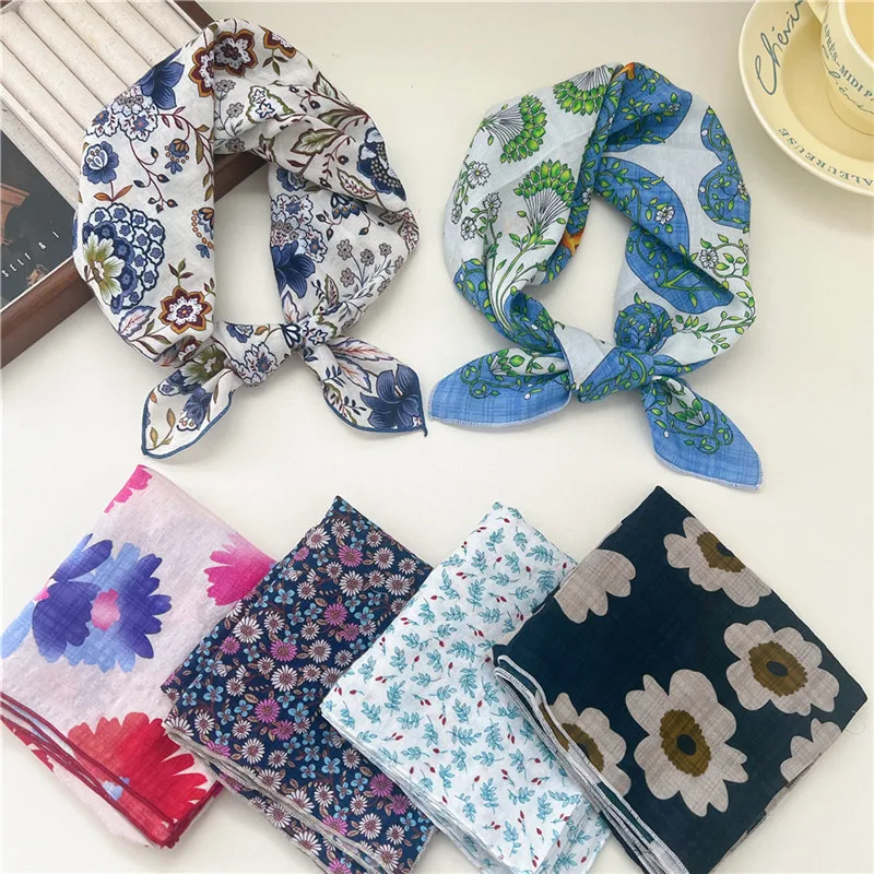 55cm Geometric Pattern Flower Kerchief Square Scarves Neckerchief Scarf Headscarf Decoration Headband Bandanas Turban for Women