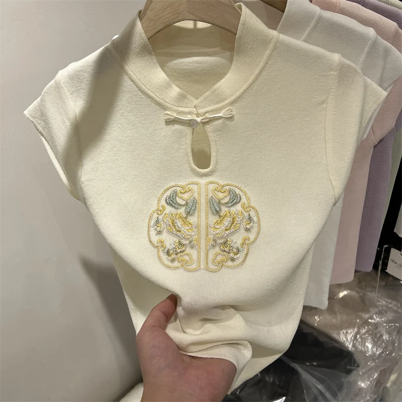 

Knitted Tops Women Short Sleeve Chinese Style Embroidery T Shirt Solid Casual T-shirt Ladies Clothes 2024 Summer Tshirts Woman