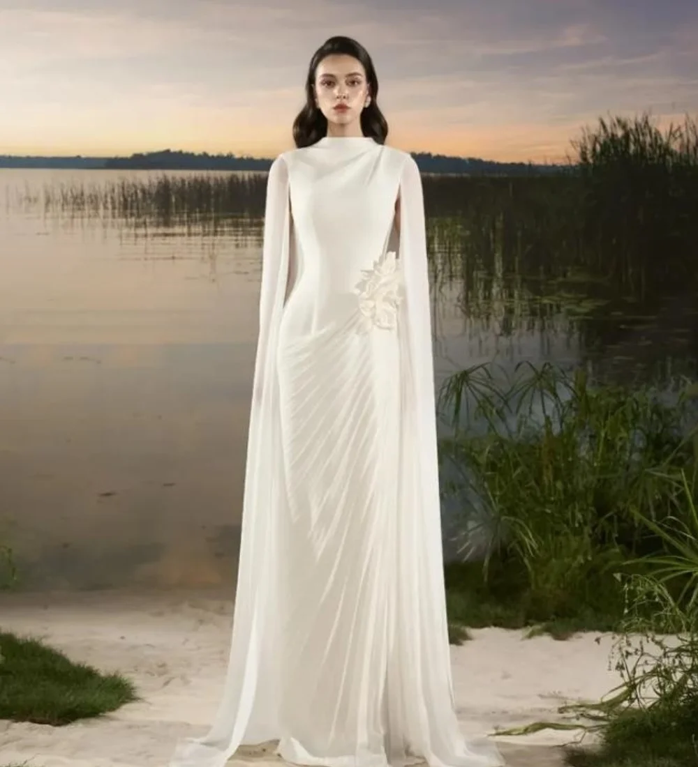 

Индивидуальные бежевые вечерние платья-русалки с высоким воротником, изысканными складками из шифона, драпировкой и цветами ручной работы, модные длинные платья