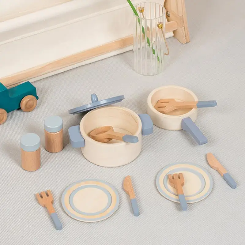 10 pçs criança cozinhar utensílios brinquedos conjunto panelas de cozinha e frigideiras fingir playset de madeira jogar panelas brinquedos conjunto para cozinha fingir brinquedos