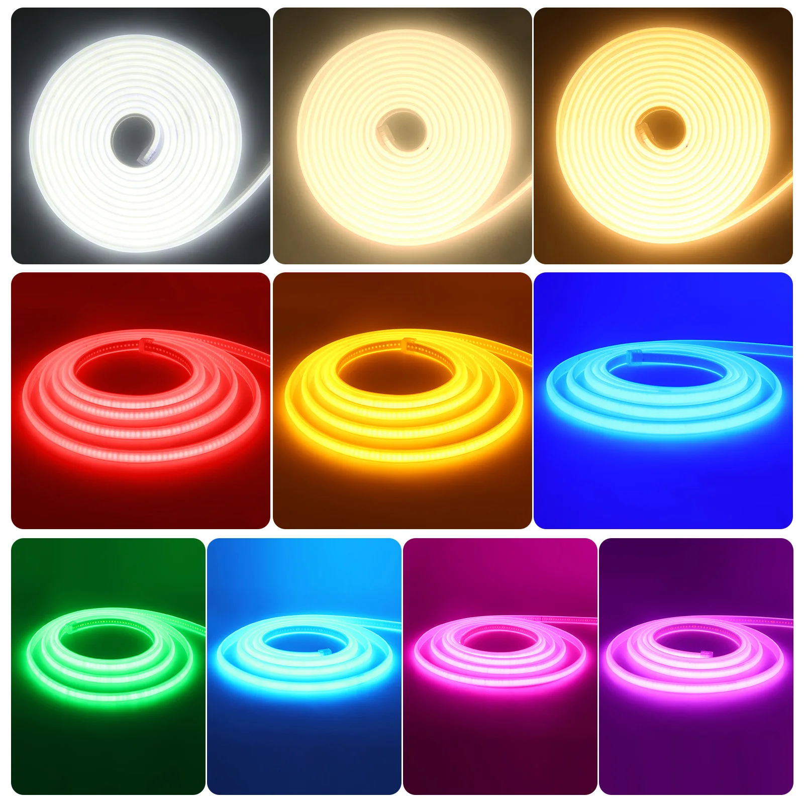 COB นีออน LED Strip Light 220V EU Plug High Bright RA90 สําหรับห้องกลางแจ้งกันน้ํา Flex เทปสีขาวสีแดงสีฟ้าสีเขียวสีชมพูสีเหลือง