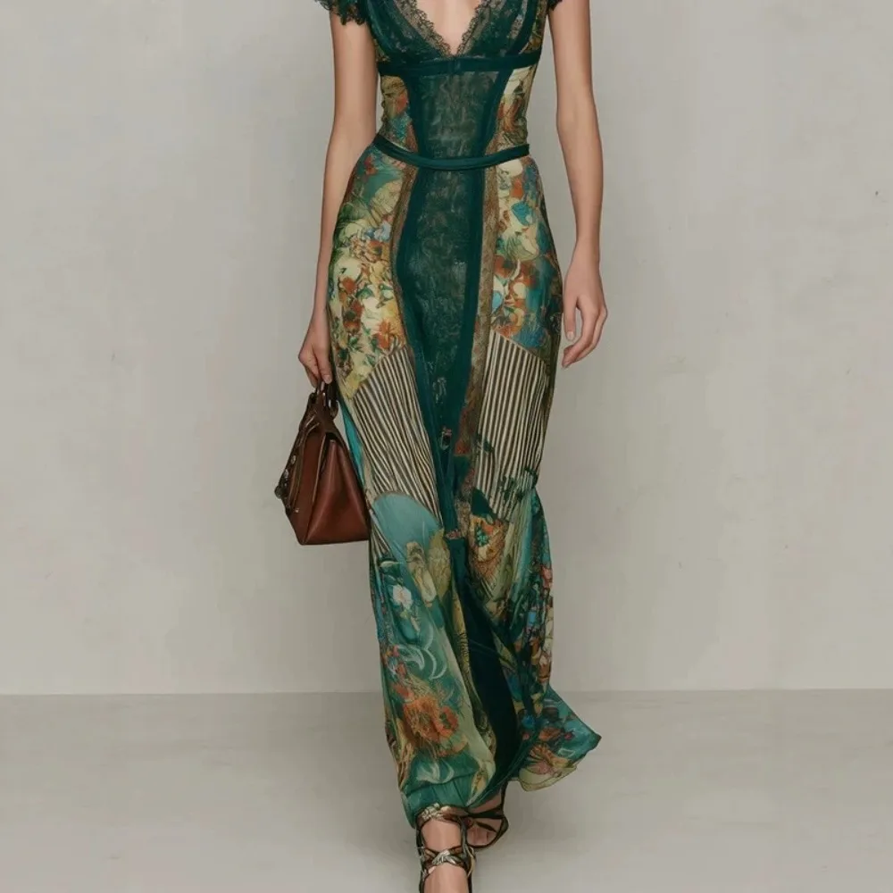 Women's Vintage Floral Print Maxi Dress Lace Splice Short Sleeve Deep V Self Tie Waist Slim Fishtail Fashion Elegant Party Dress