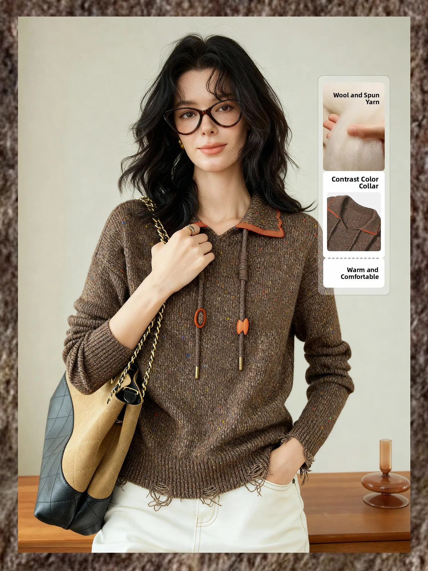 

NAGUAGU Pumpkin Valley женский вязаный шерстяной свитер с воротником, легкий теплый цветочный пряжа, повседневный длинный топ све