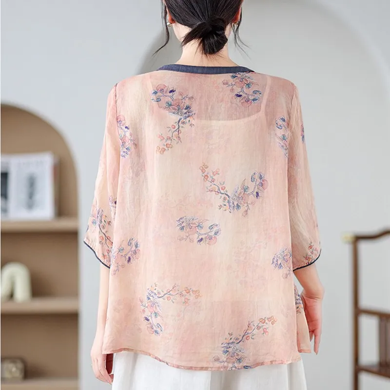 Women Casual Blouse Shirt New Arrival 2024 Summer Chinese Style Vintage Floral Print Loose Female Tops Shirts W1824