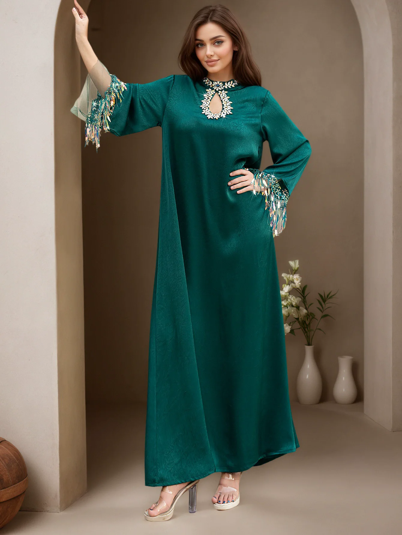 فستان مسلم المملكة العربية السعودية دبي للسيدات بياقة واقفة وأكمام طويلة مخيط يدويًا من الألماس عباية فستان سهرة جديد