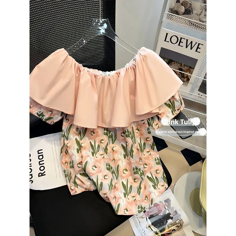 

Летняя универсальная молодежная рубашка свободного кроя с цветочным принтом на одно плечо, больших размеров, 300 Pou, с коротким рукавом, на пуговицах, повседневная