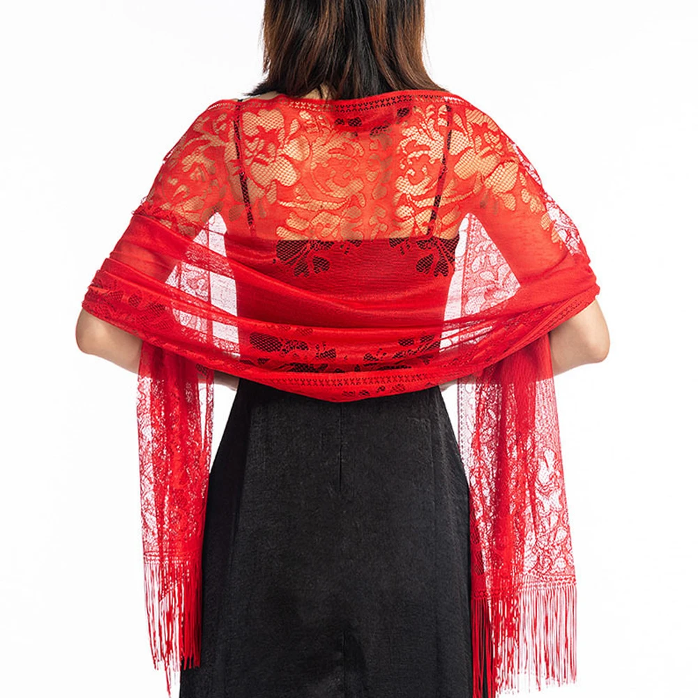 Women Wedding Wrap Shawl Hollow Out Tulle Lace Party Evening Long Shawls Scarf Tassels Ladies Sun Protection Tops