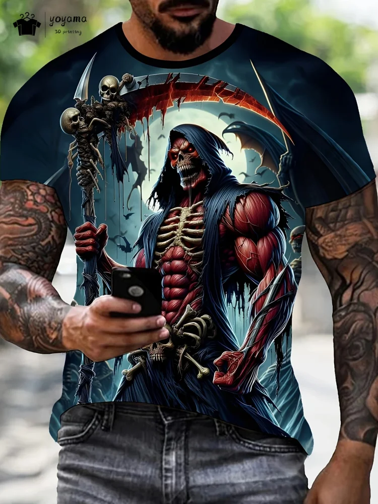 

Модная новая футболка с 3D черепом и принтом, мужская летняя уличная мужская футболка с коротким рукавом, мужские топы с круглым вырезом, мужская футболка большого размера