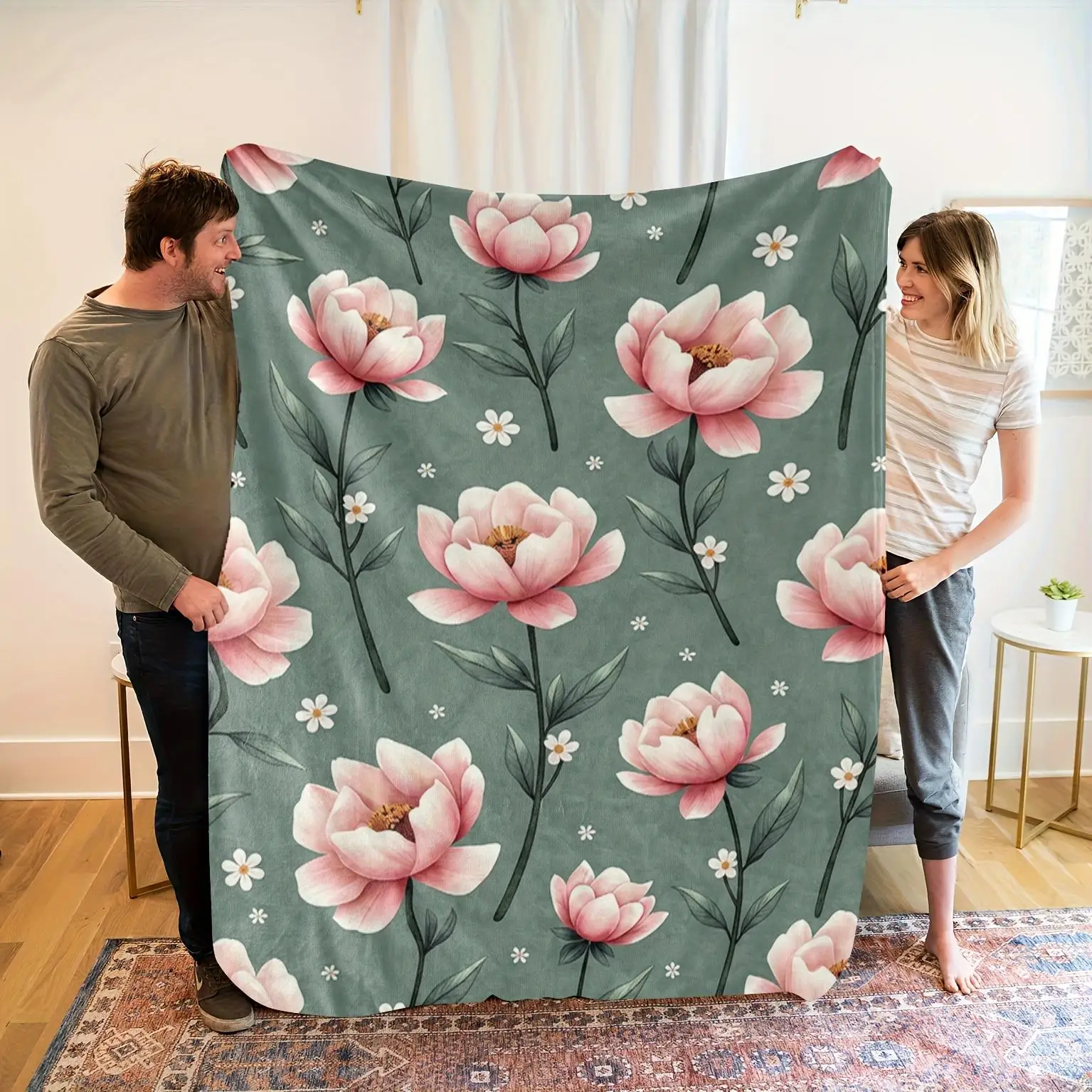 Pink Peony Floral Throw Blanket Soft Fleece for Living Room Sofa Decor BotanicalHomeDesign Gift for Her  180*150