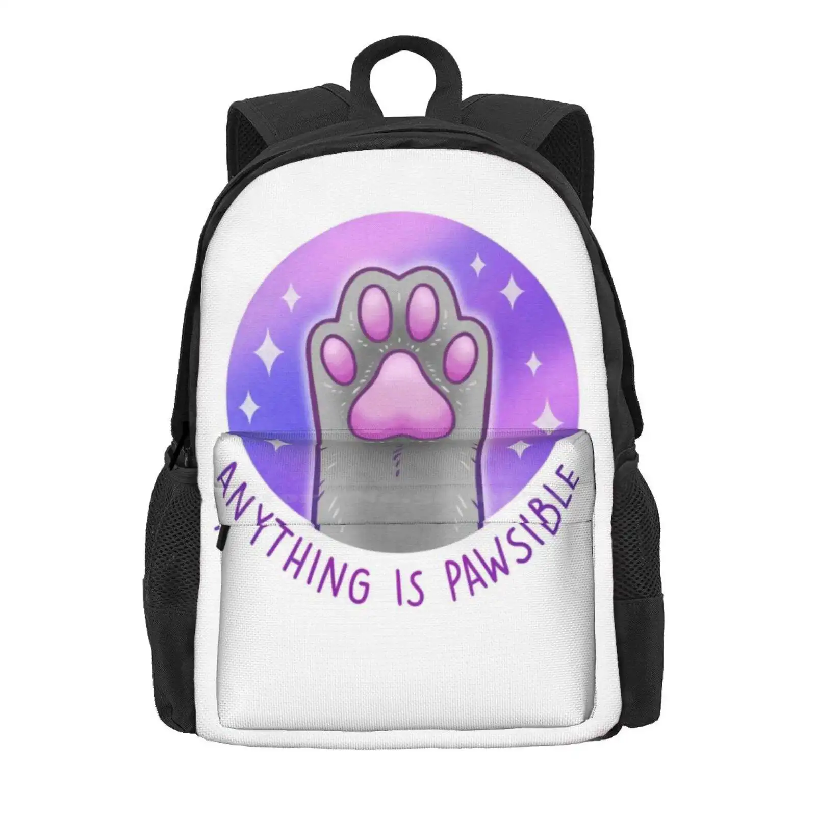 Anything Is Pawsible Hot Sale Schoolbag Backpack Fashion Bags Pawsible Possible Positive Quote Kitten Kitty Beans Stars Purple