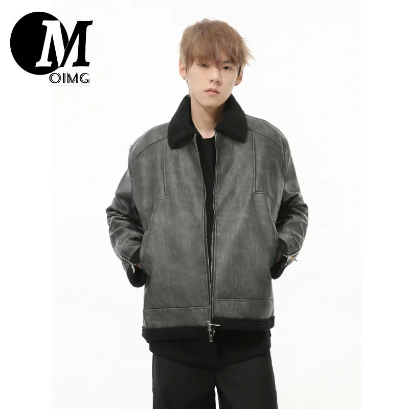 [OIMG] Men's Autumn New Product Korean Edition Splicing Color Contrasting Collar, Lamb Fleece Leather Short Coat Trendy