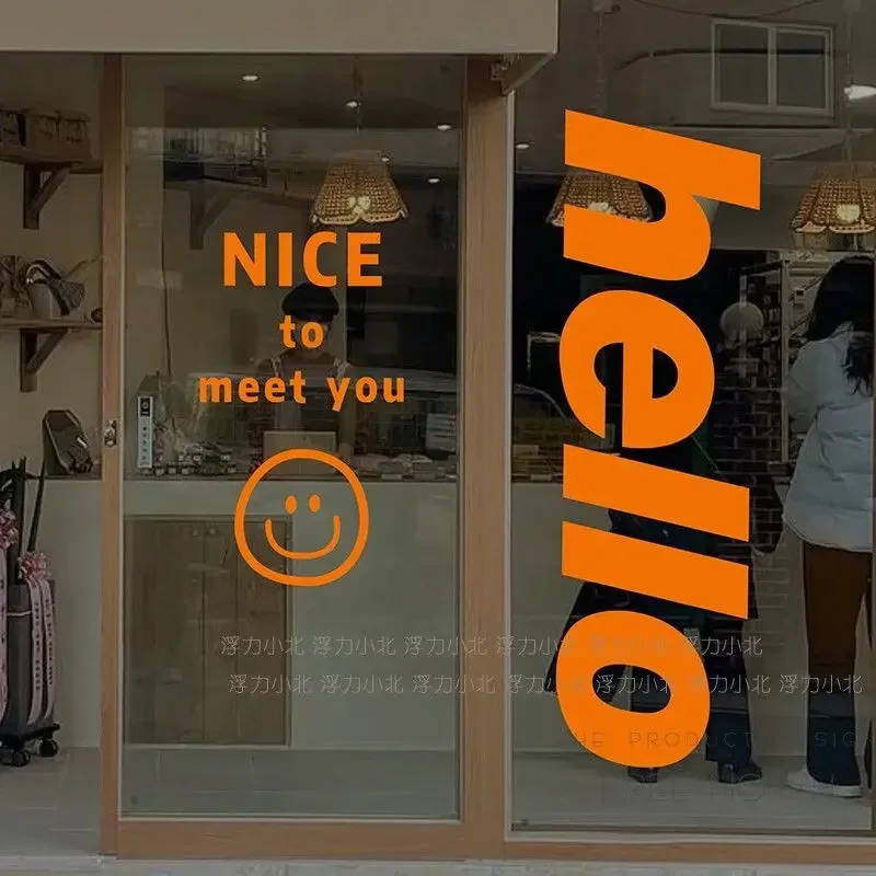 Hello Large-sized English Glass Window Stickers Orange Font Shop Door Decorations Background Anti-collision Wallpaper Stickers