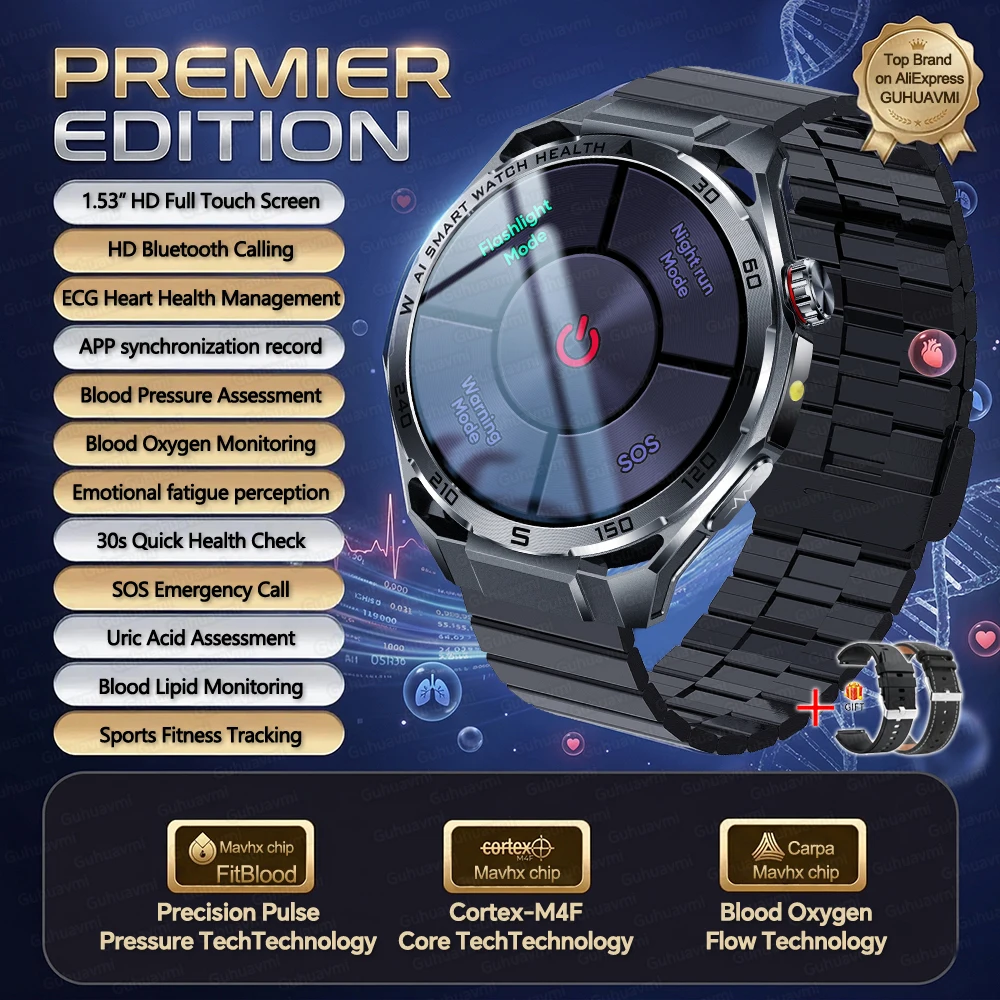 2026New Nursing-Grade AI ECG Smart Watch 1.53''Sapphire Glass Heart Rate Blood Lipid Uric Acid Monitor Bluetooth Call Smartwatch image 3