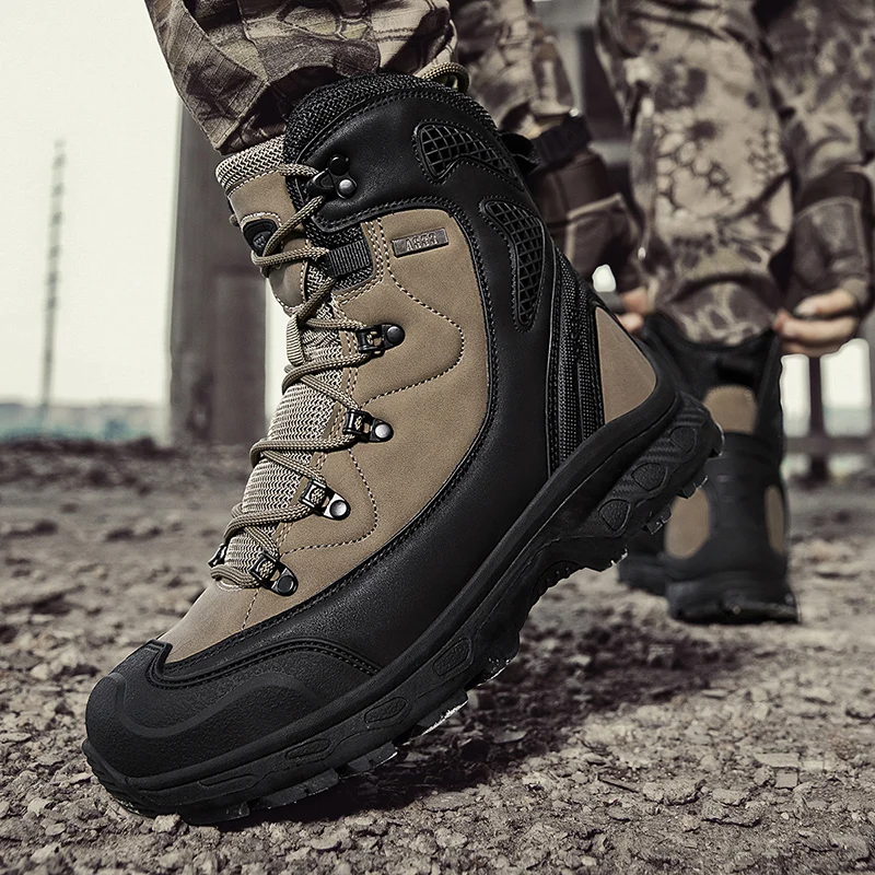 Men Tactical Leather Boots Army Boots Mens Military Desert Waterproof Work Safety Shoes Climbing Hiking Ankle Men Outdoor Boots